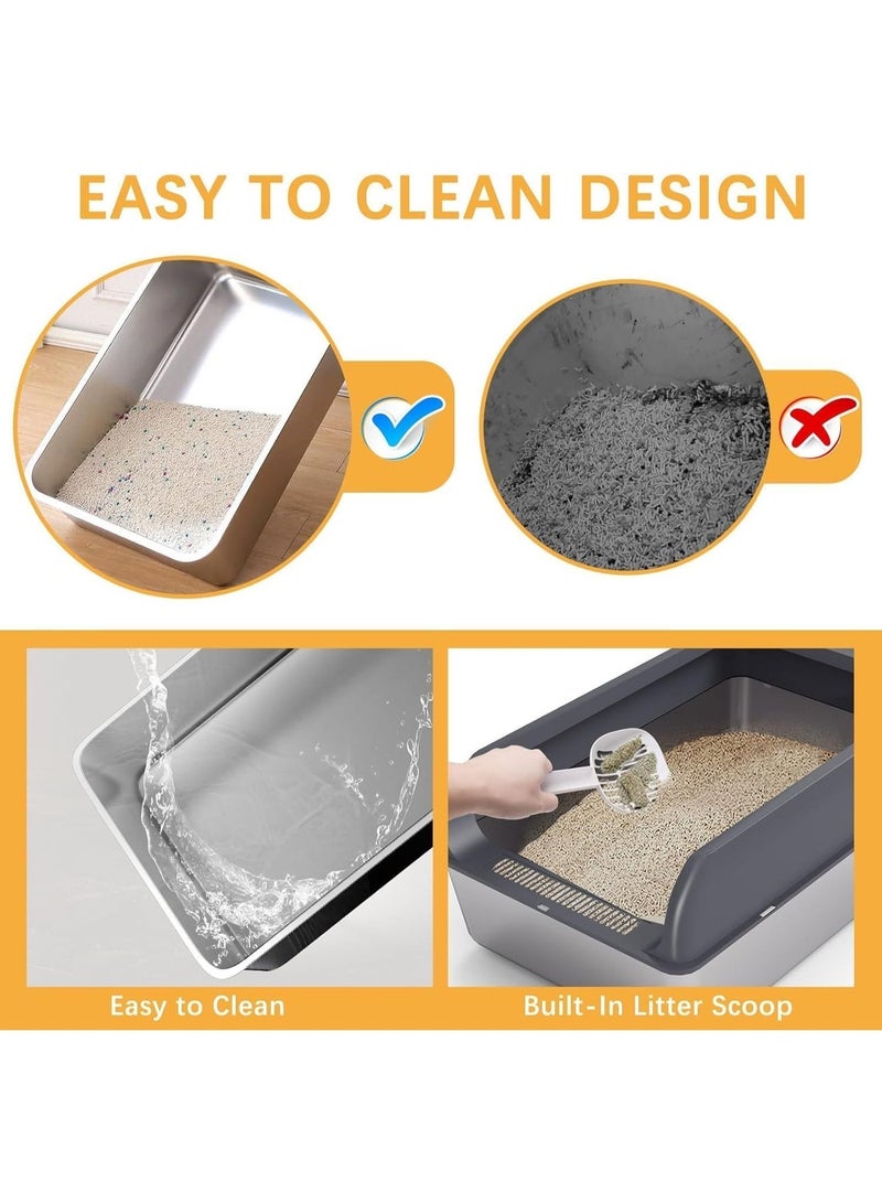 صندوق فضلات للقطط مصنوع من الفولاذ المقاوم للصدأ مع غطاء، صندوق فضلات كبير جدًا مغلق للقطط الكبيرة والقطط الصغيرة، سهل التنظيف، مجرفة مدمجة (ستانلس ستيل) - Image 3